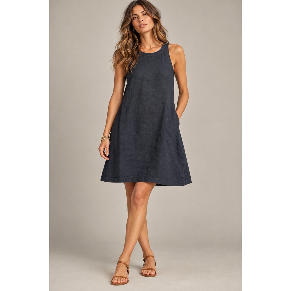 A New Day Linen Blend Shift Dress L Black Sleeveless Keyhole Back Minimalist
